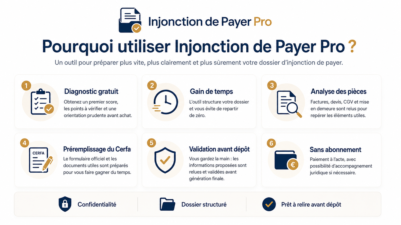 Les avantages d’Injonction de Payer Pro : diagnostic gratuit, gain de temps, analyse des pièces, préremplissage du Cerfa, validation avant dépôt et paiement à l’acte